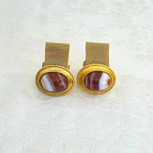 Vintage 70s DANTE Oval Banded Agate Cufflinks Cabochon Gold Tone Cuff Links - Picture 2 of 9